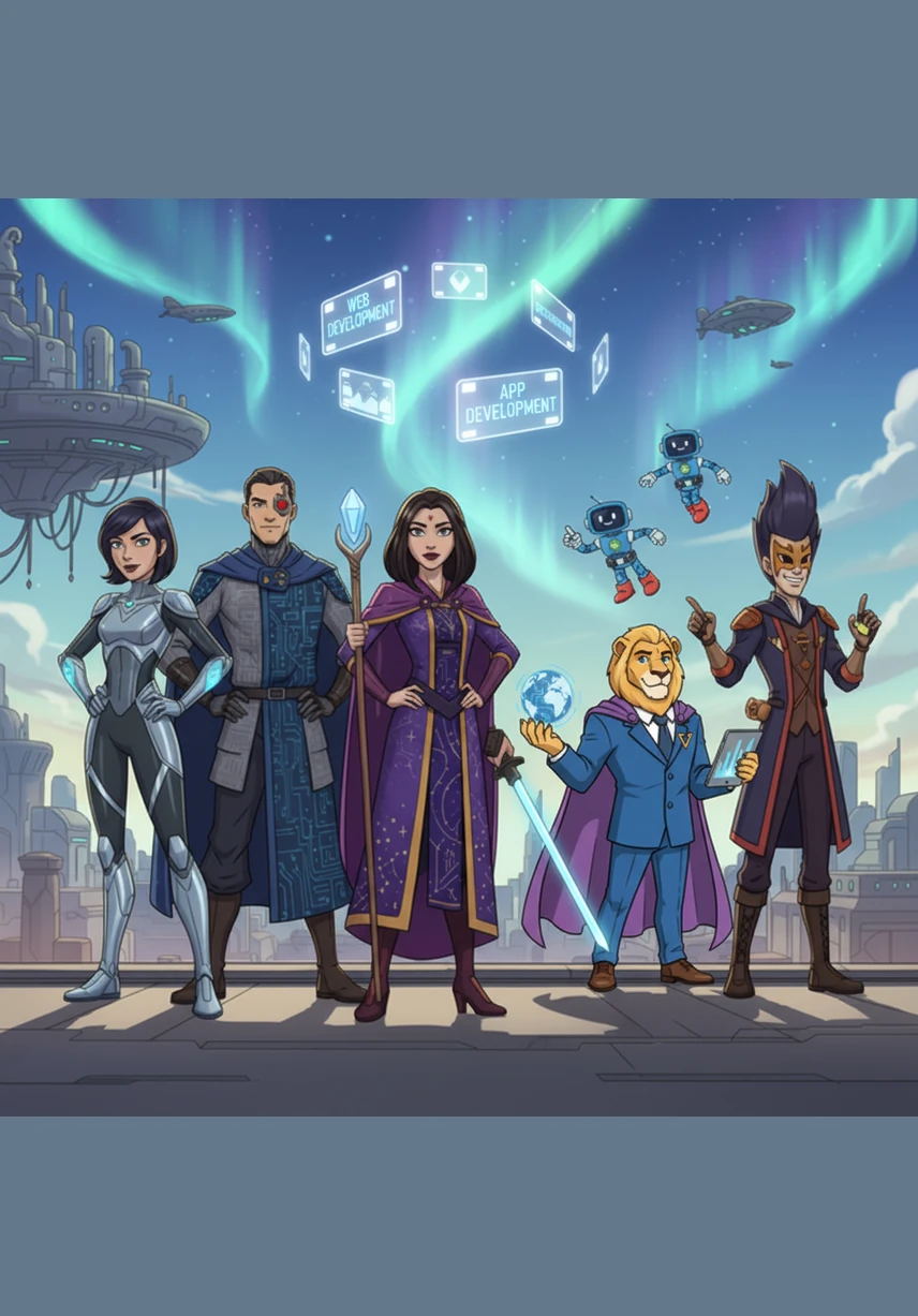 High above, a series of holographic service cards begin to orbit like a digital solar system. Nova watches as the cards for Web and App Development lift and glow, pulsing with a subtle ambient light that signals their readiness to transform the world through code.