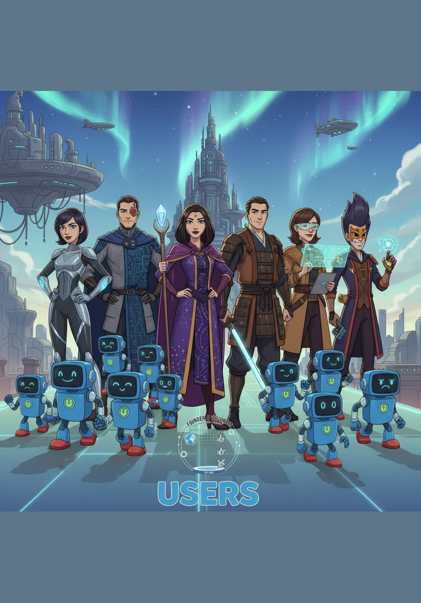 The journey continues through an arc of 3D experience designs and AI integration modules that hum with rhythmic power. These floating structures represent the core of the startup’s capabilities, blending glassmorphism with neon-lit precision against the deep navy backdrop.