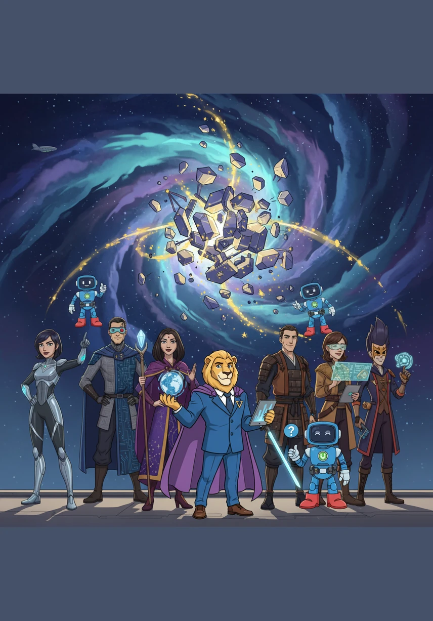 A morphing abstract structure emerges from the nebula clouds, representing the ever-changing nature of future innovation. It shifts and transforms with every movement, releasing bursts of golden particles that illuminate the dark sky like distant, newborn stars.