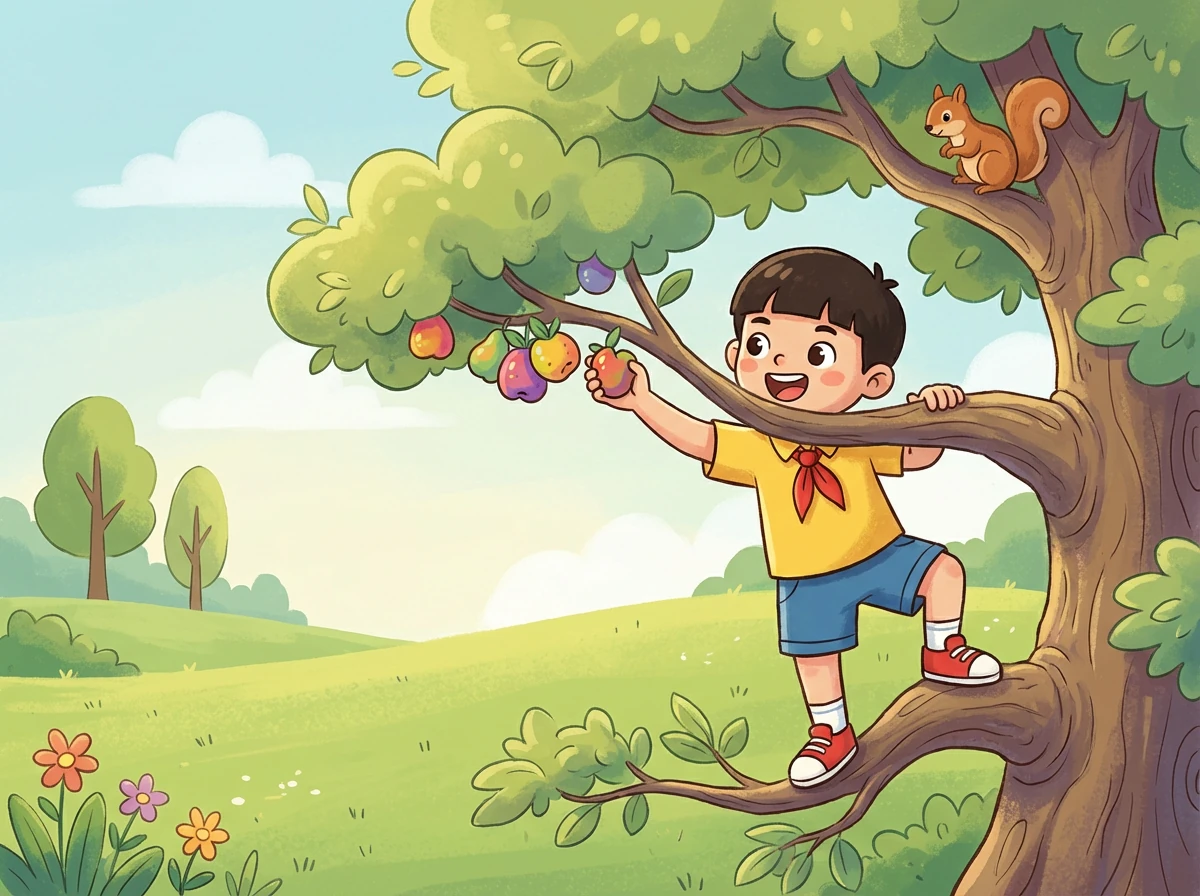 阳光明媚的早晨,小明背着书包,兴高采烈地去上学。他哼着歌,心情非常好。