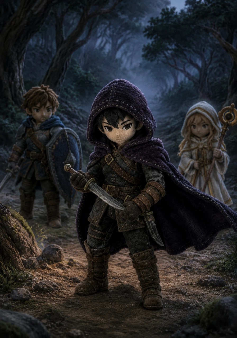 Lyra stands at the edge of the Whispering Woods, their midnight-purple cloak fluttering in the cool breeze. The scout checks their curved daggers, ensuring they are sharp and ready for the journey ahead into the unknown.