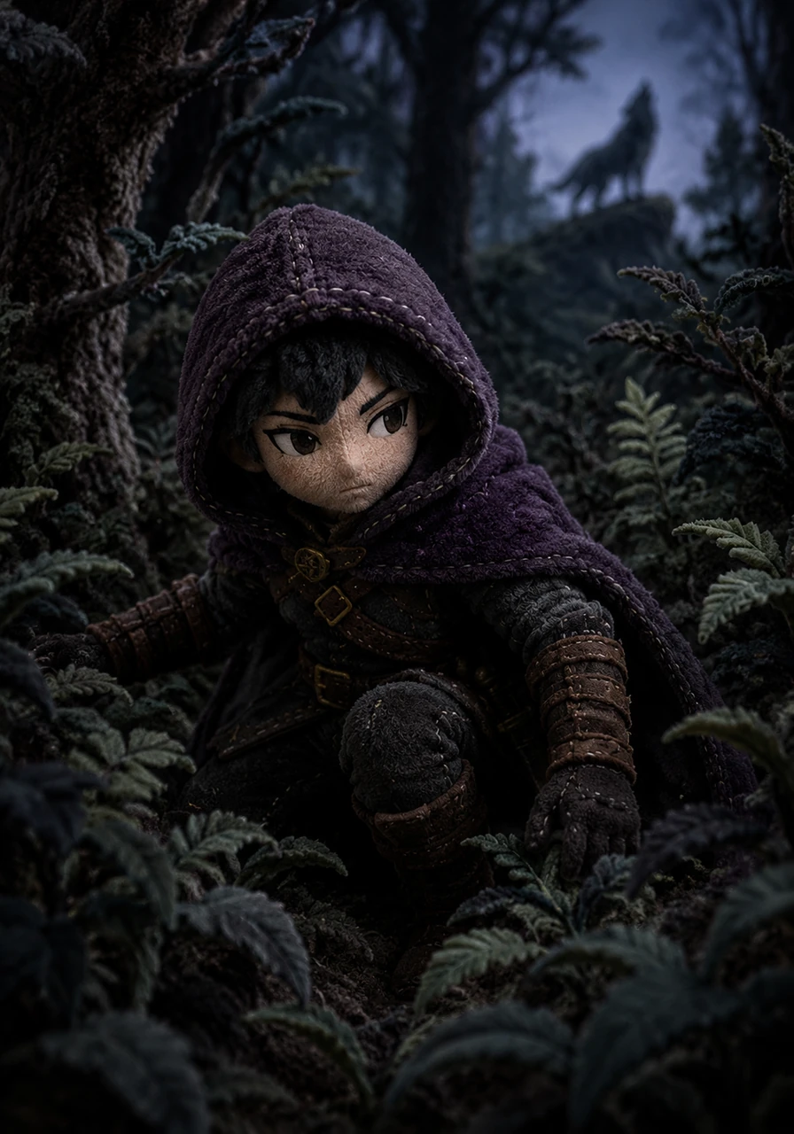 Moving through the dense undergrowth, Lyra becomes a shadow among shadows, their light footsteps leaving no trace on the forest floor. They pause to listen to the distant howl of a wolf, their sharp eyes scanning the thicket for any signs of movement.