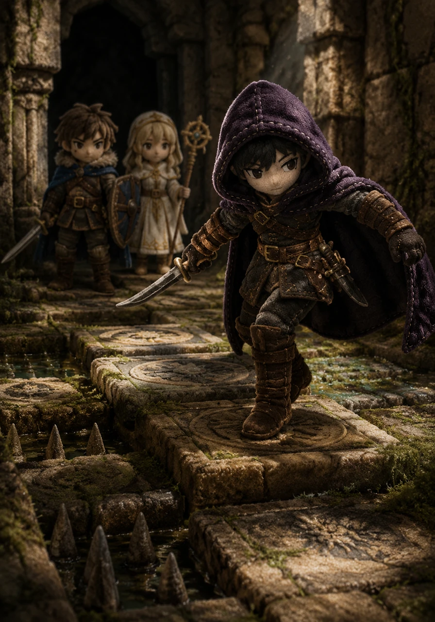 At the entrance of the Sunken Temple, Lyra finds a series of ancient pressure plates hidden beneath moss and stone. With careful precision, they balance on the balls of their feet, navigating the trap-laden corridor with the grace of a dancer.