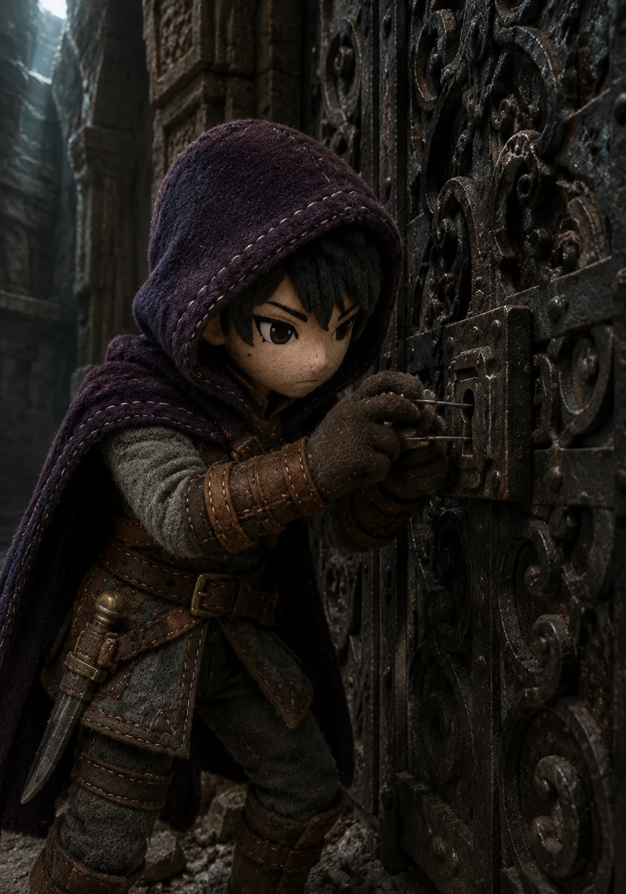 Deep within the ruins, Lyra encounters a locked iron gate adorned with intricate carvings of forgotten gods. They pull a set of slim lockpicks from a hidden pouch in their leather jerkin, focusing intently on the clicking tumblers.