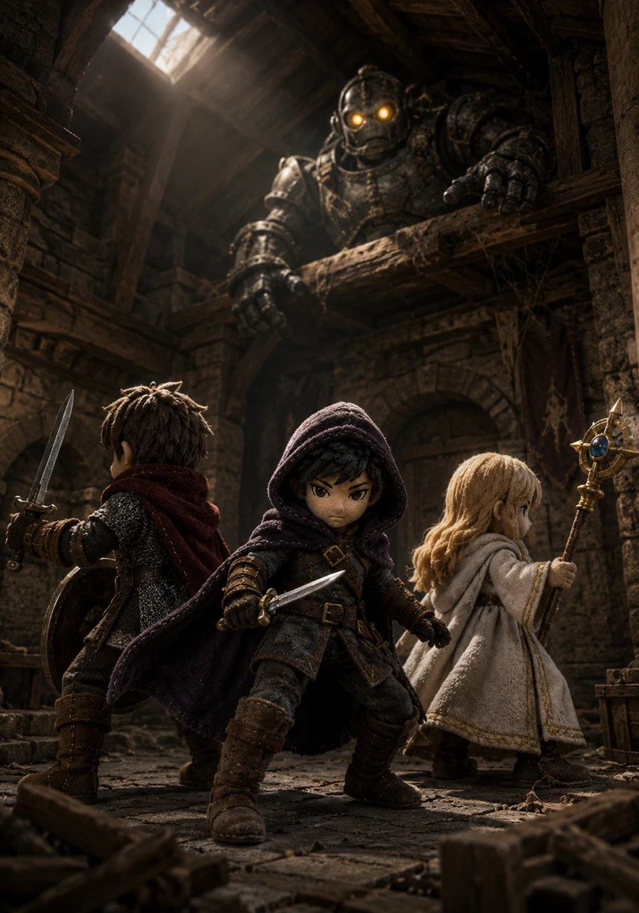 A sudden movement in the rafters alerts Lyra to a mechanical guardian awakening from its long slumber. They draw their primary dagger, the blade catching a sliver of light as they prepare to face the metallic threat with calculated poise.