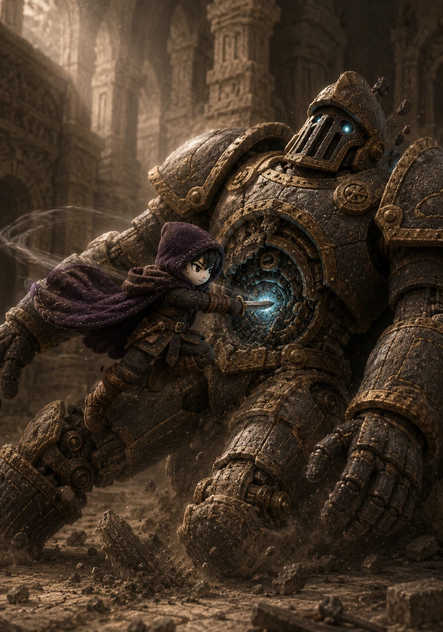 The battle is a blur of motion as Lyra weaves between the guardian's heavy strikes, using their agility to find a weakness in its armor. With a decisive thrust, they disable the machine, leaving it silent once more in the dusty hall.