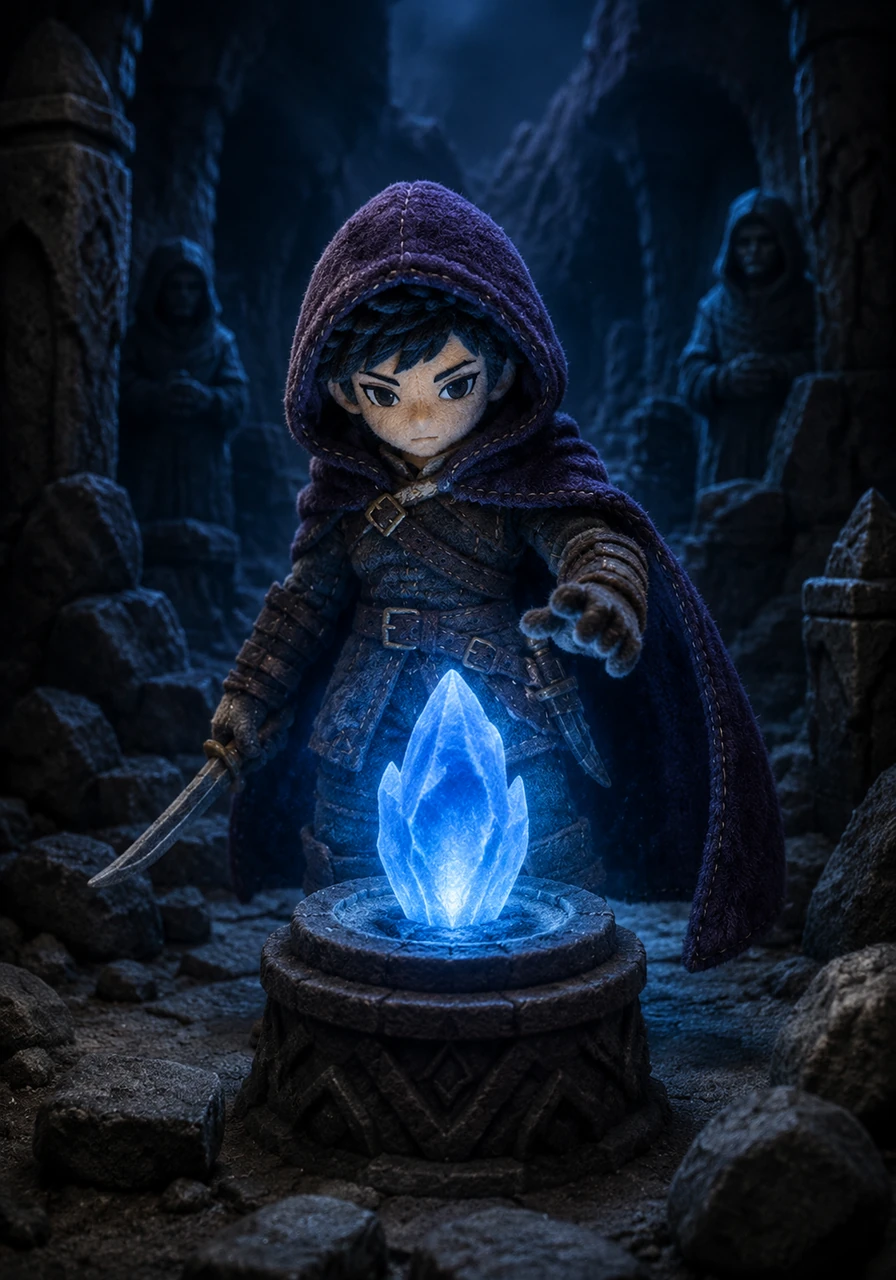 Lyra reaches the central chamber, where a glowing blue crystal rests upon a pedestal of obsidian. The light from the relic reflects in their narrow eyes, illuminating a face etched with both weariness and determination.