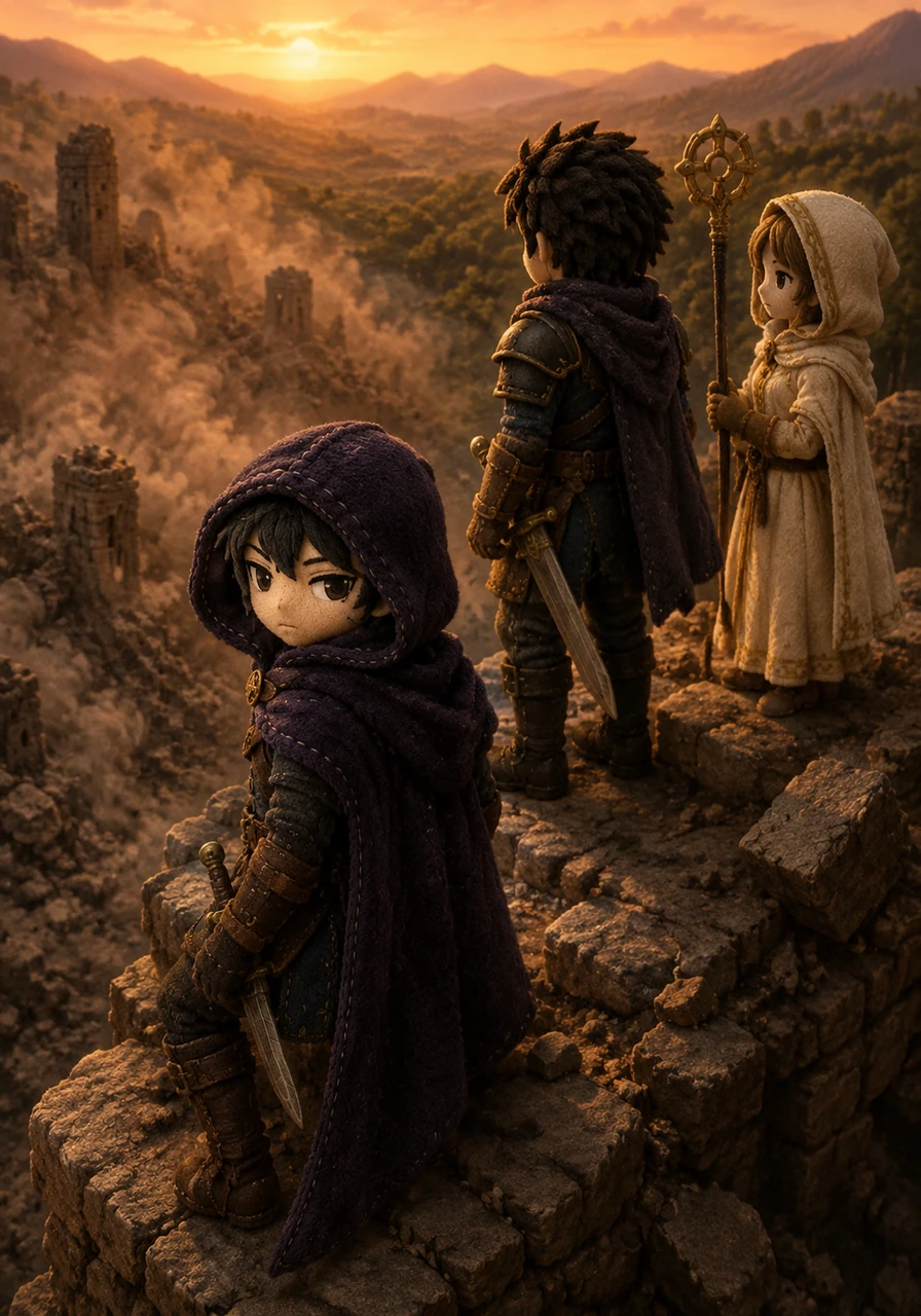 Emerging from the collapsing ruins just as the sun begins to set, Lyra looks back at the dust clouds rising from the forest floor. They take a moment to catch their breath, the heavy weight of the mission finally lifting from their shoulders.