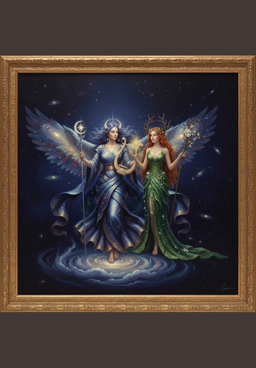 In a realm where clouds are made of silk and the air tastes like honey, two goddesses named Lyra and Ivy lived in perfect harmony. Lyra carried the radiance of the morning sun in her hair, while Ivy wore a cloak woven from the deepest forest leaves and emerald vines.