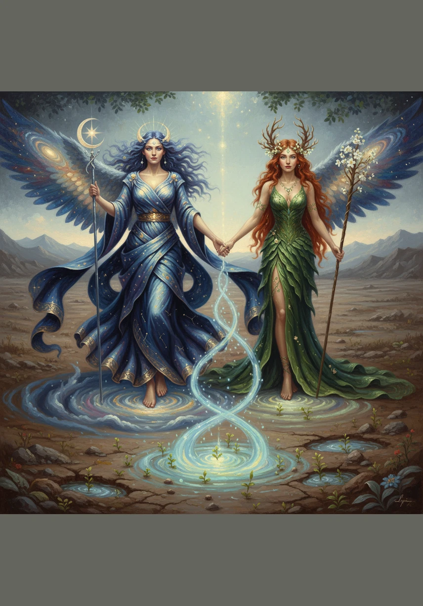 One day, they looked down at a barren, silent valley and decided to bring it to life with their combined magic. They descended from the heavens together, their feet barely touching the dusty ground as they envisioned a masterpiece of light and growth.