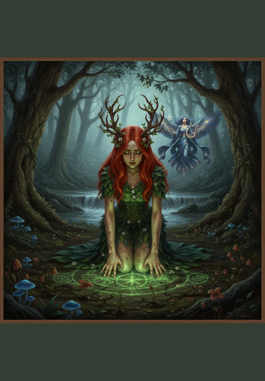 Ivy knelt beside her friend, pressing her warm palms against the soil to call forth the spirits of the ancient trees. Vibrant green vines erupted from the ground, twisting and turning in a joyful, rhythmic dance as they climbed toward the golden sunlight.