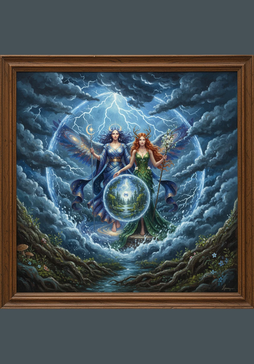 A great storm once threatened to wash away their delicate work, casting dark clouds and heavy rains over the blooming valley. The two goddesses stood hand-in-hand, creating a shimmering dome of golden light and protective thorns to shield their creation from the wind.