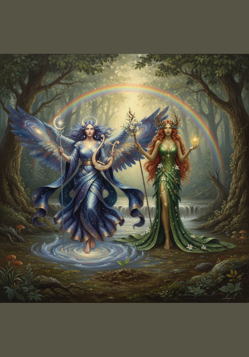 When the storm passed, creatures of all kinds emerged from the surrounding woods to see the wonder the goddesses had built. Golden deer drank from the glowing streams, and birds with feathers like rainbows nested safely within the emerald branches.