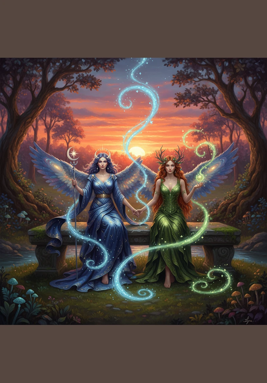 Lyra and Ivy sat upon a mossy stone at the garden's center, watching the sun dip below the horizon in a blaze of orange and purple. They realized that their magic was at its strongest when they worked together, blending the ethereal light of the heavens with the pulse of the earth.