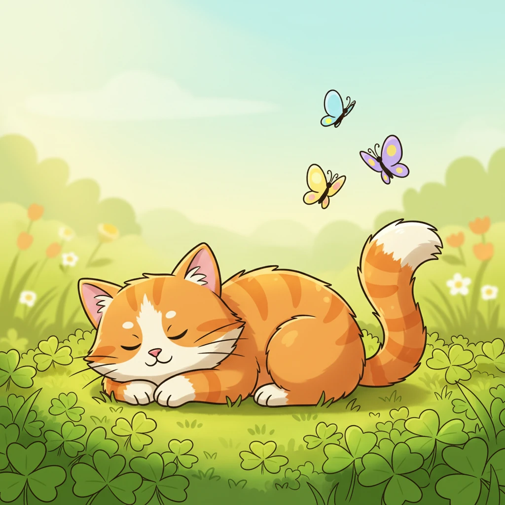 Whiskers, a fluffy orange cat, dozed soundly in a sun-drenched patch of clover. His tail twitched softly, dreaming of chasing butterflies. The warm afternoon breeze ruffled his whiskers as he snoozed.