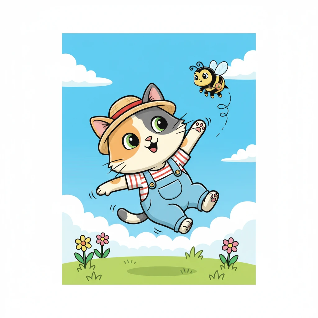 With a playful wiggle, Whiskers sprang to his paws, trying to swat at the quick little bee. His paw swung through the air, missing the speedy insect by a whisker. The bee spiraled upwards, a tiny speck against the blue sky.