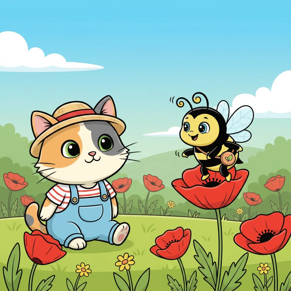 The bee landed delicately on a vibrant red poppy, its tiny legs dancing as it gathered nectar. Whiskers watched from a safe distance, his head tilted, completely mesmerized by the bee's busy dance. He had never seen such a fascinating creature up close.