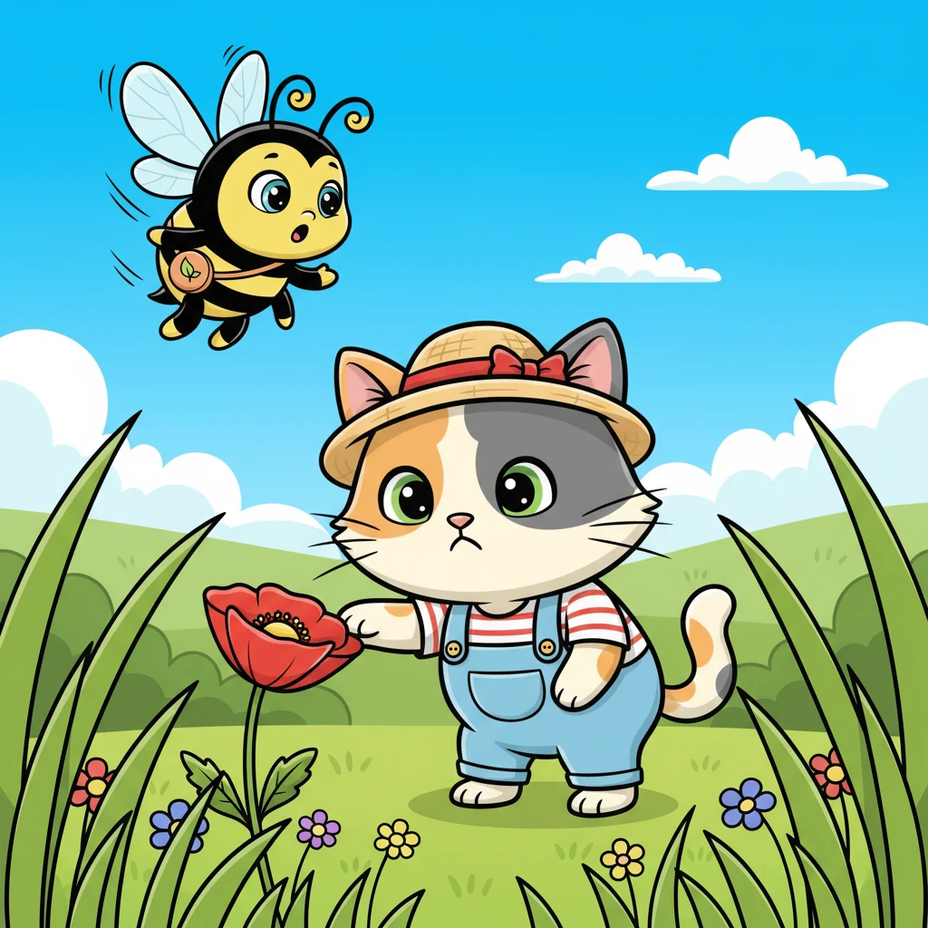 Gently, Whiskers crept closer, extending a paw towards the poppy, wanting to touch the buzzing friend. The bee, startled by the approaching paw, quickly took flight with a startled buzz. Whiskers pulled his paw back, looking a little sad.
