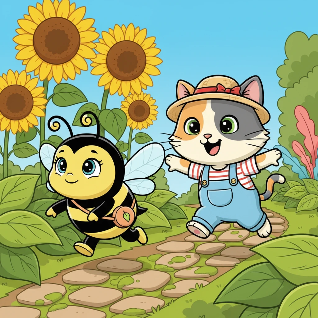 The bee, now a little wary but still curious, led Whiskers on a playful chase through the garden's winding paths. They zoomed past tall sunflowers and darted under leafy hostas. Whiskers giggled, enjoying the game.