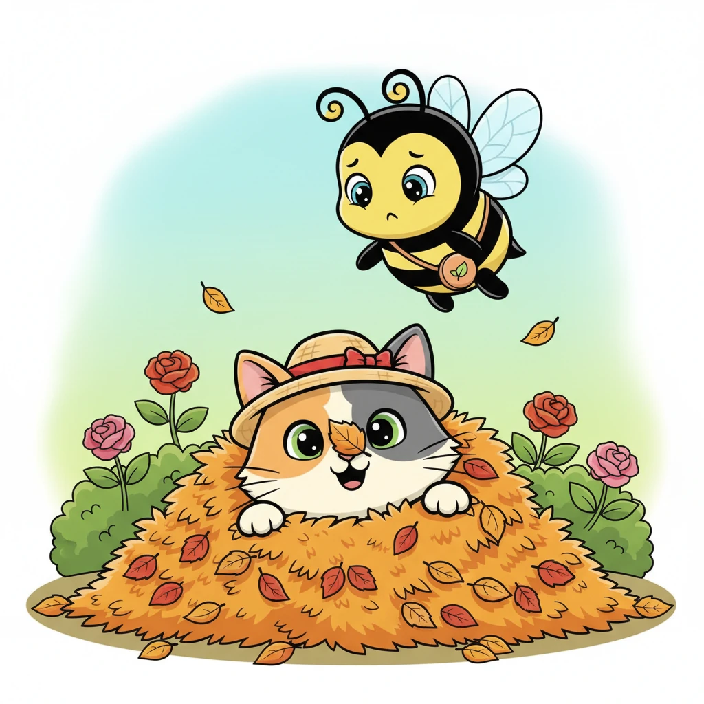 During their lively chase, Whiskers tumbled headfirst into a soft pile of fallen leaves near a rose bush. He emerged with a leaf stuck to his nose, looking surprised but unharmed. The bee hovered above, seemingly checking if its new friend was okay.