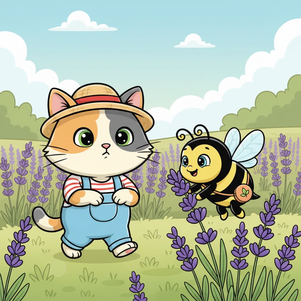 The bee then flew to a beautiful patch of purple lavender and landed on a fragrant blossom. Whiskers followed, but this time he moved much more slowly and carefully. He realized his friend wasn't trying to play, but was working.