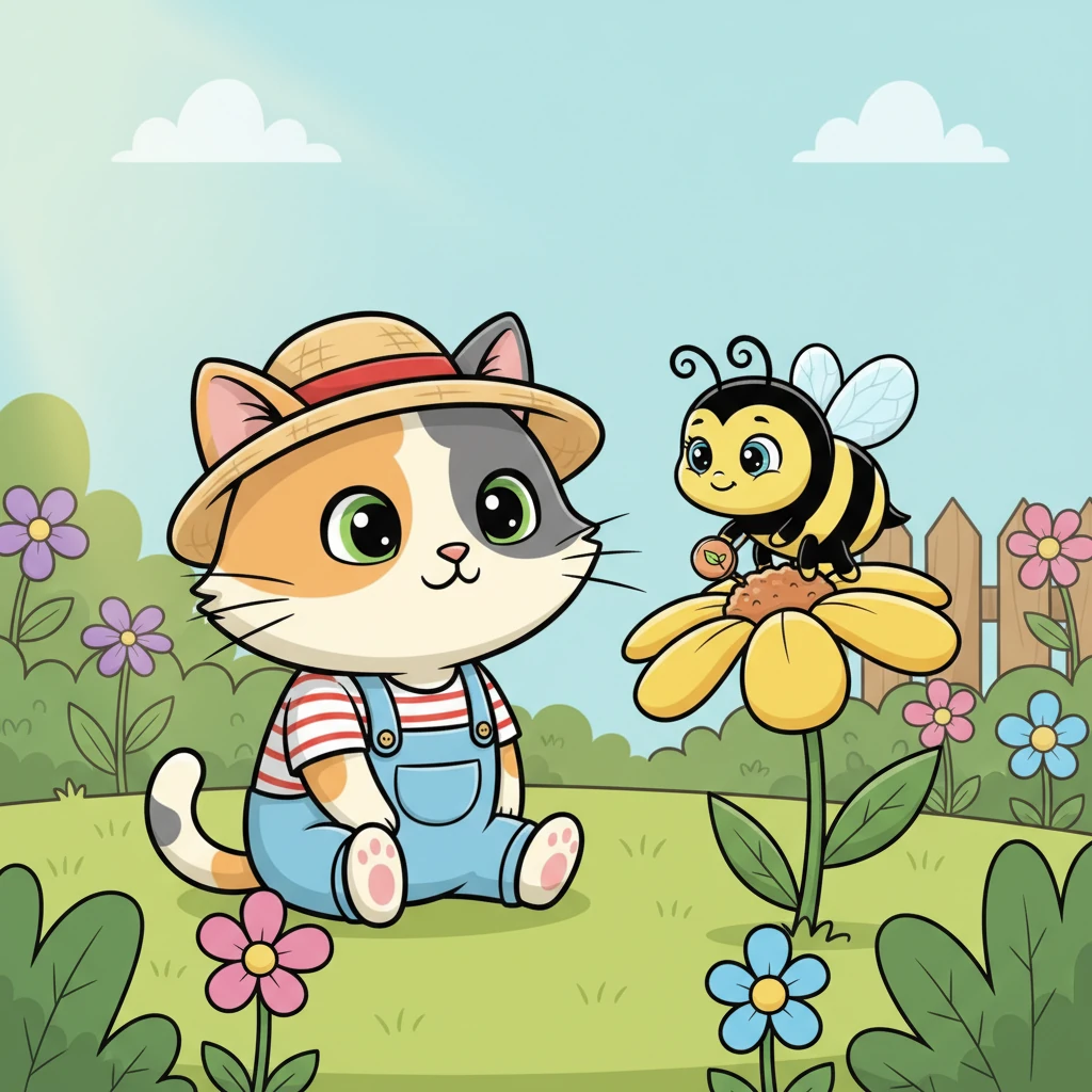 Whiskers sat down quietly, watching the bee diligently collect nectar from flower to flower. He saw how important the bee's job was, helping the garden grow. A peaceful understanding filled the air between them.