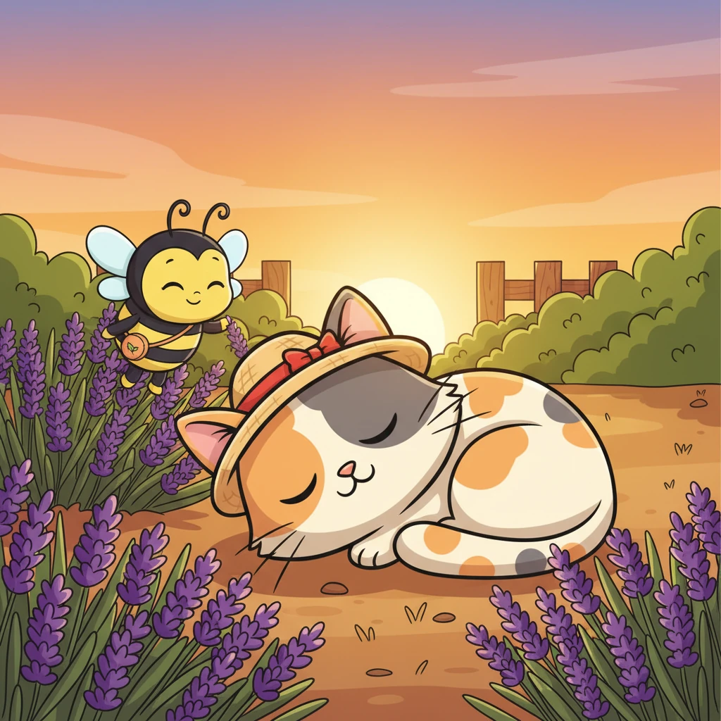 As the sun began to set, Whiskers curled up beside the lavender patch, his eyes half-closed. The bee continued its work nearby, a gentle hum filling the twilight. It was a new, quiet friendship, built on respect and shared garden moments.