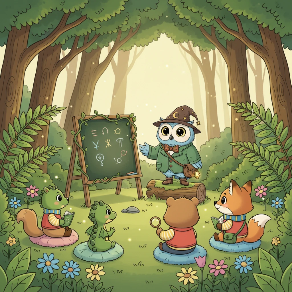 The Whispering Woods Classroom glowed under a canopy of ancient, emerald trees. Giant ferns unfurled like welcoming arms, and vibrant wildflowers bloomed in soft hues, forming cozy seats for tiny learners. Gentle sunlight filtered through the leaves, creating a dappled, peaceful haven where magic hummed in the air.