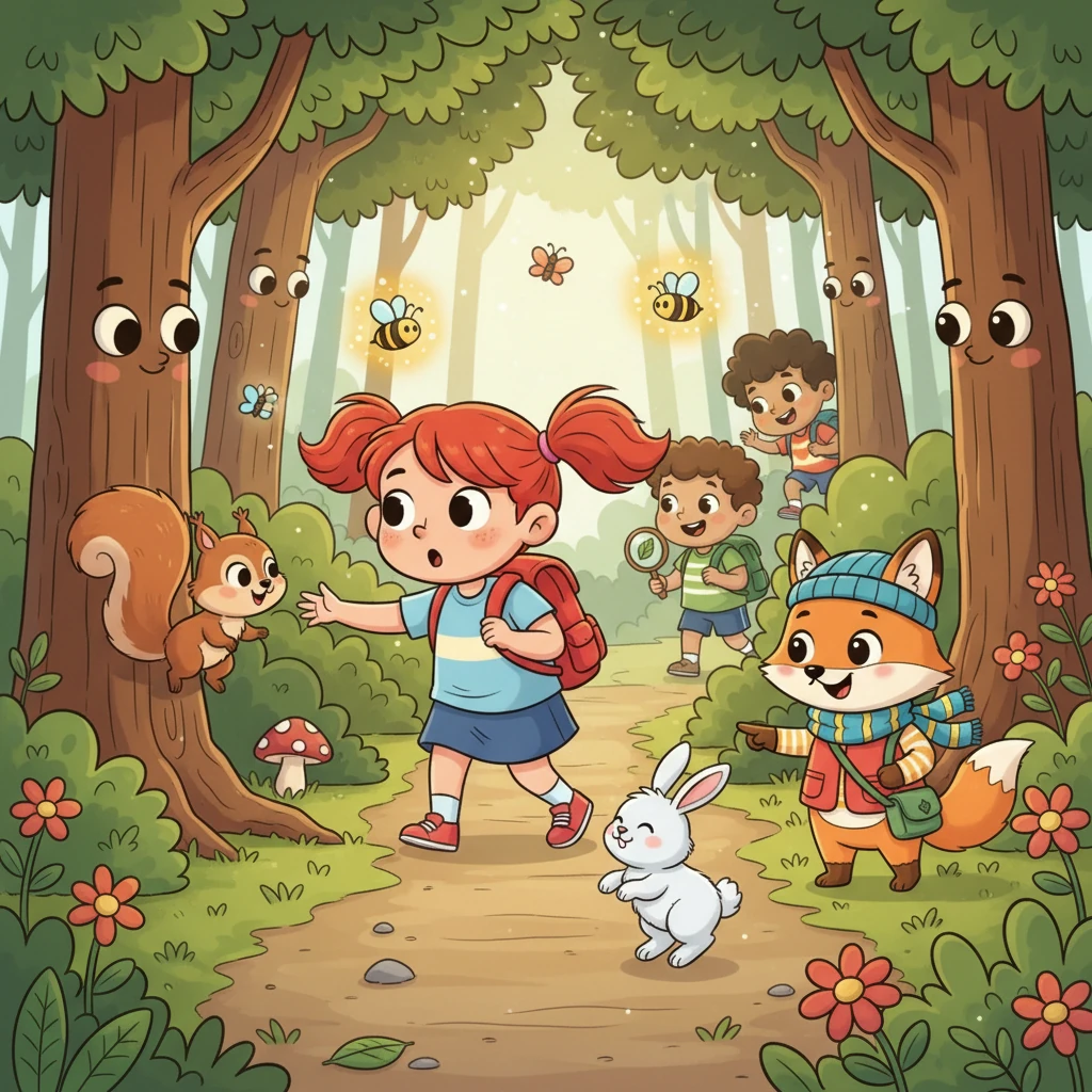 Little Lily, with her bright red backpack, stepped into the enchanting forest, her eyes wide with wonder. Other children, equally curious, followed, their laughter echoing softly as friendly squirrels peeked from trees and fluffy bunnies hopped along the path. A happy buzz filled the air, promising a day full of discovery.