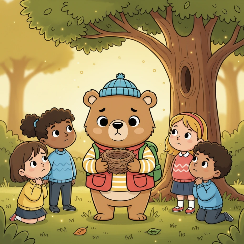 Barnaby the bear carefully held a small, empty bird's nest that had fallen from a branch, his face soft with concern. The children gathered around, their expressions thoughtful and kind, understanding the importance of caring for all creatures, big and small. A warm, golden light enveloped the scene, highlighting their growing empathy.