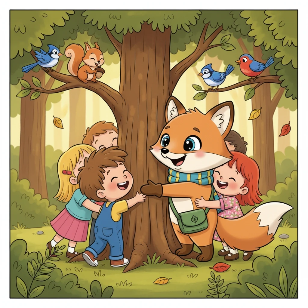Flicker the fox, with a playful wag of his tail, showed the children how trees could feel like comforting friends. Lily and her pals giggled as they hugged the sturdy trunks, imagining the trees' happy whispers, while squirrels and birds watched from above, sharing in the heartwarming moment of connection. Each hug was a burst of joy.