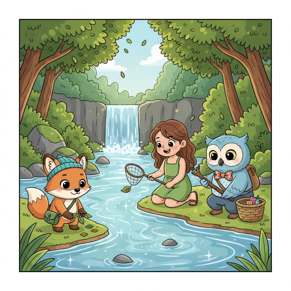 Later, Lily and her animal friends worked together to clean the sparkling forest river. They carefully picked up stray leaves and tiny bits of litter, their teamwork making the water even clearer. The sun shone brightly on their cheerful faces, celebrating their kindness and shared effort.