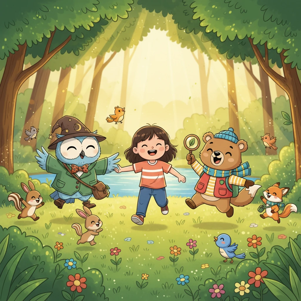 With the river clean and their hearts full, the entire forest seemed to glow with happiness. Smiling animals frolicked alongside the children, bathed in the golden sunlight that streamed through the refreshed canopy. Every leaf and flower shimmered, reflecting the pure joy and peace they had created together.