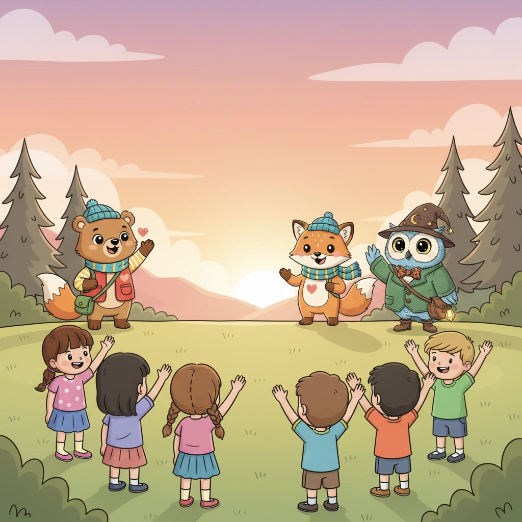 As the sun began to dip below the horizon, painting the sky in soft pastels, Lily and the children waved goodbye to their animal teachers. Smiling bears, foxes, and owls stood at the forest edge, their hearts full of warmth. The magical day ended peacefully, leaving behind cherished memories and a promise of return.