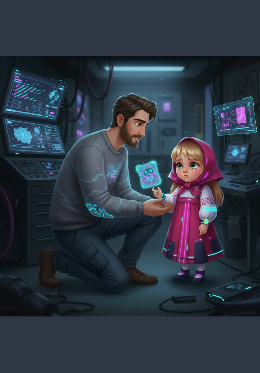 В комнату заходит папа и замечает, что дочка совсем не в настроении. «Маша, почему ты такая грустная в такой прекрасный летний день?» — ласково спрашивает он, подходя к её столу.