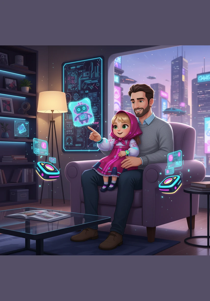 «Папа, разве в книгах может быть что-то интереснее, чем мой новый велосипед?» — спрашивает девочка. Папа улыбается и достает с полки красивую книгу в яркой обложке.