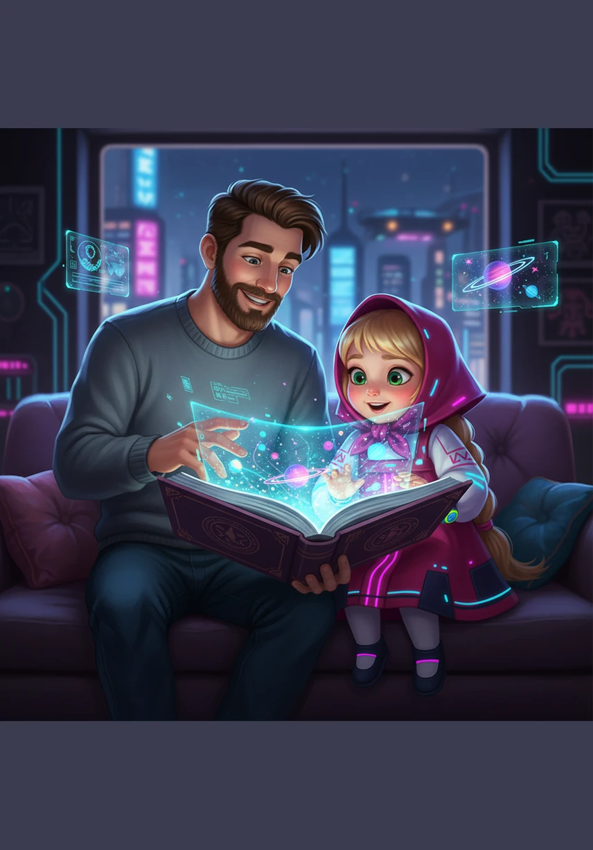 «Маша, посмотри, эта книга может отправить тебя в космос или на дно океана за одну минуту», — говорит папа. Он открывает страницу с изображением далеких звезд и таинственных планет.