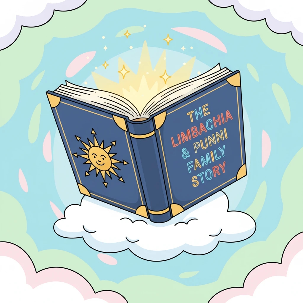 A soft pastel background gently welcomes us as a large, beautifully illustrated storybook floats into view. It lands softly, and its cover opens with a magical, warm glow. The title, "The Limbachia & Punni Family Story," appears in charming hand-drawn letters, as tiny, shimmering sparkles drift playfully upwards like fairy dust.