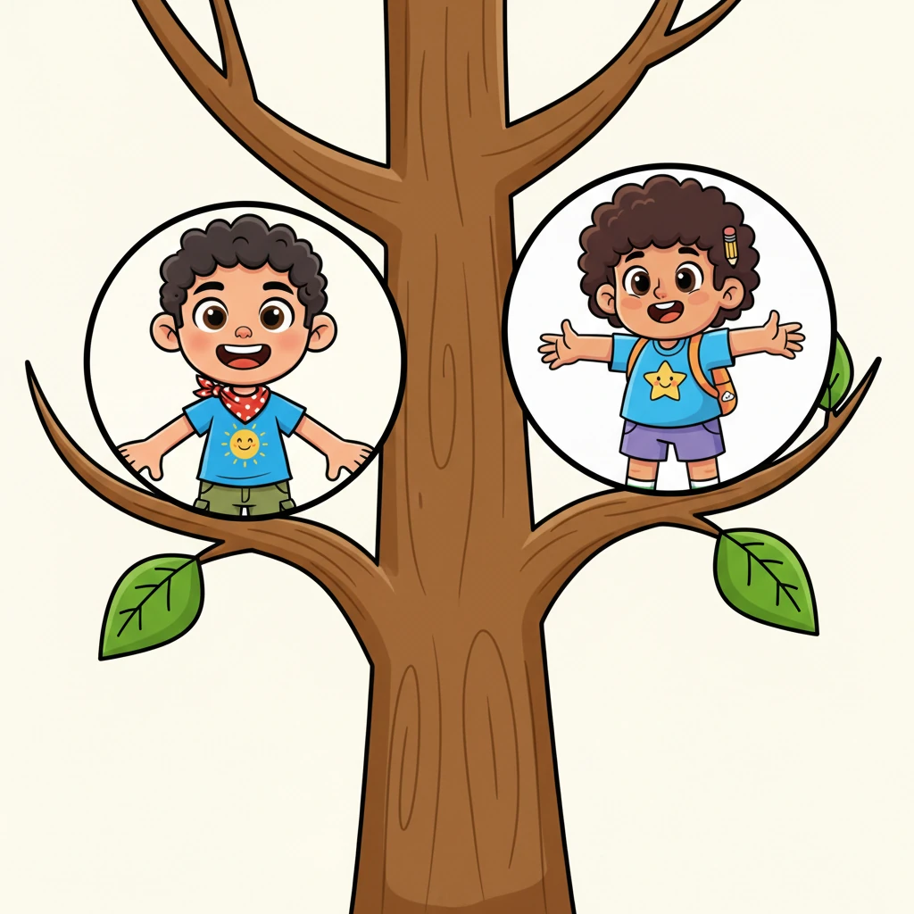 From the bottom of the page, a sturdy tree trunk begins to grow, reaching upwards with strong branches. Two cheerful, illustrated portraits gently pop into place: Rajesh Limbachia and Kailash Limbachia, their faces beaming with love. From their spot, a sturdy branch extends, bearing two fresh, green leaves.