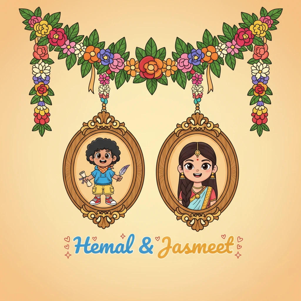 A lovely, colorful wedding garland gracefully drops into the scene, symbolizing a joyful union. Hemal's leaf expands into a charming framed portrait, and right beside him, a portrait of Jasmeet Kaur Limbachia appears, radiating happiness. Their names are written in a playful, flowing script, celebrating their togetherness.