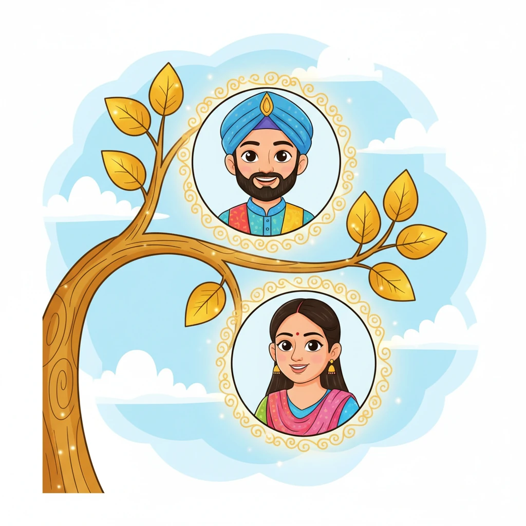 On the right side of the page, a new, warm golden branch sprouts from the main family tree, glowing softly. Two loving portraits appear first on this new branch: Satwant Singh Punni and Mandeep Kaur Punni, the beloved parents of the Punni family, ready to share their story.