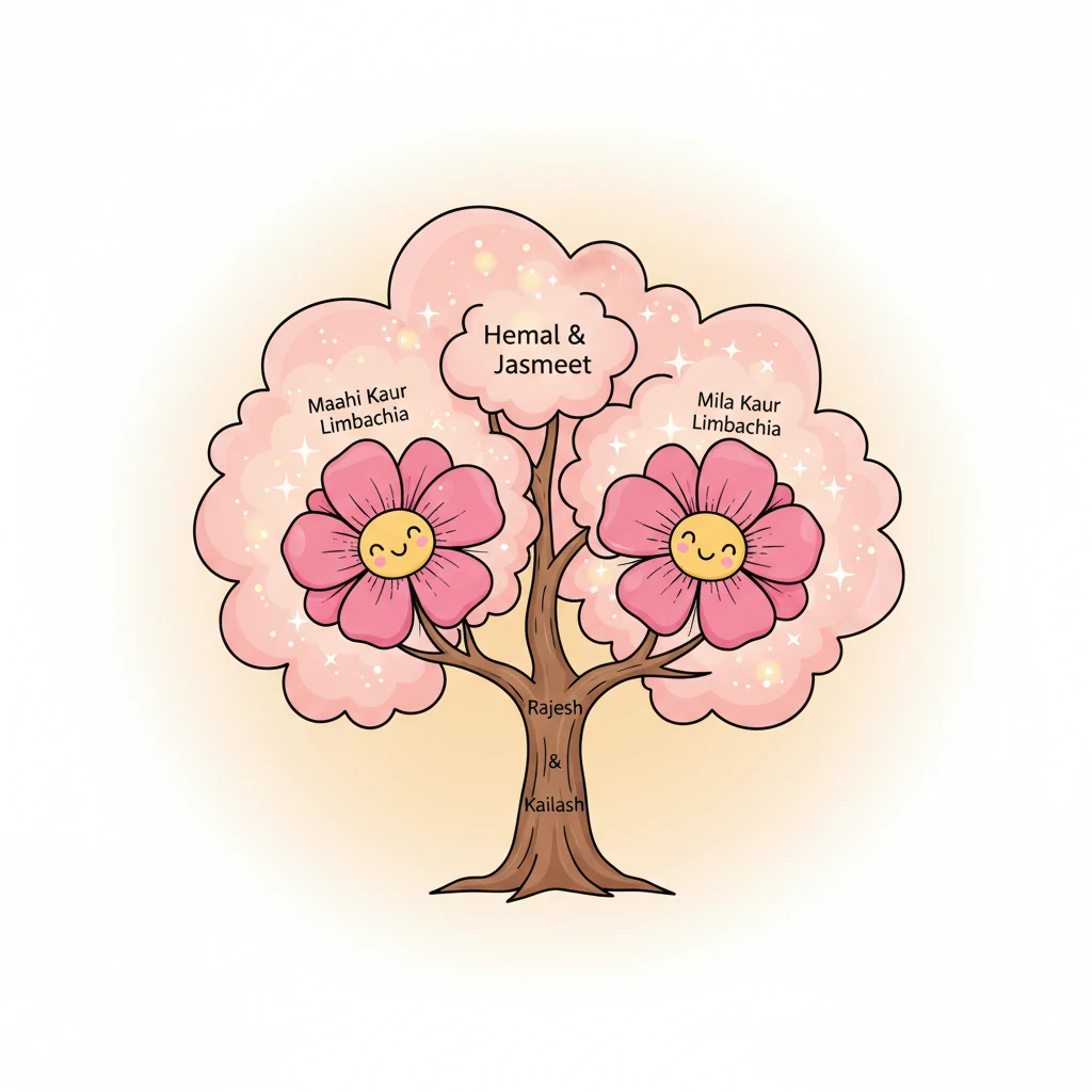 Our focus returns to the main family tree, now even more vibrant and full of life. On Hemal and Jasmeet's branch, two bright and beautiful blossoms bloom with a cheerful sparkle. These are Maahi Kaur Limbachia and Mila Kaur Limbachia, surrounded by soft, twinkling sparkles that highlight their joyful presence.