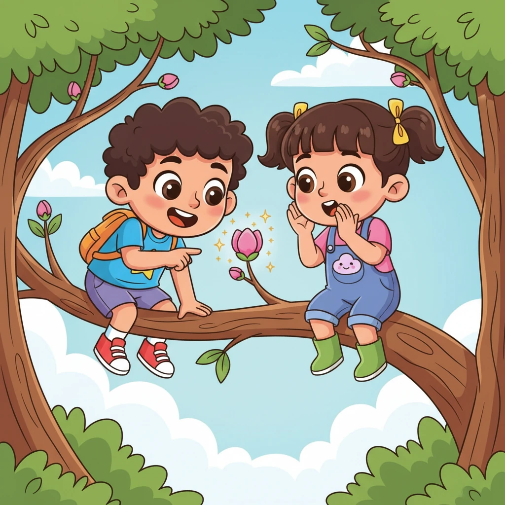 Maahi and Mila are seen playfully peeking at a new, budding blossom on their branch, their faces alight with curiosity and excitement. They whisper to each other, giggling softly, as the surrounding family tree branches seem to lean in gently, sharing in the happy anticipation. Delicate sparkles dance around the tiny new bud.