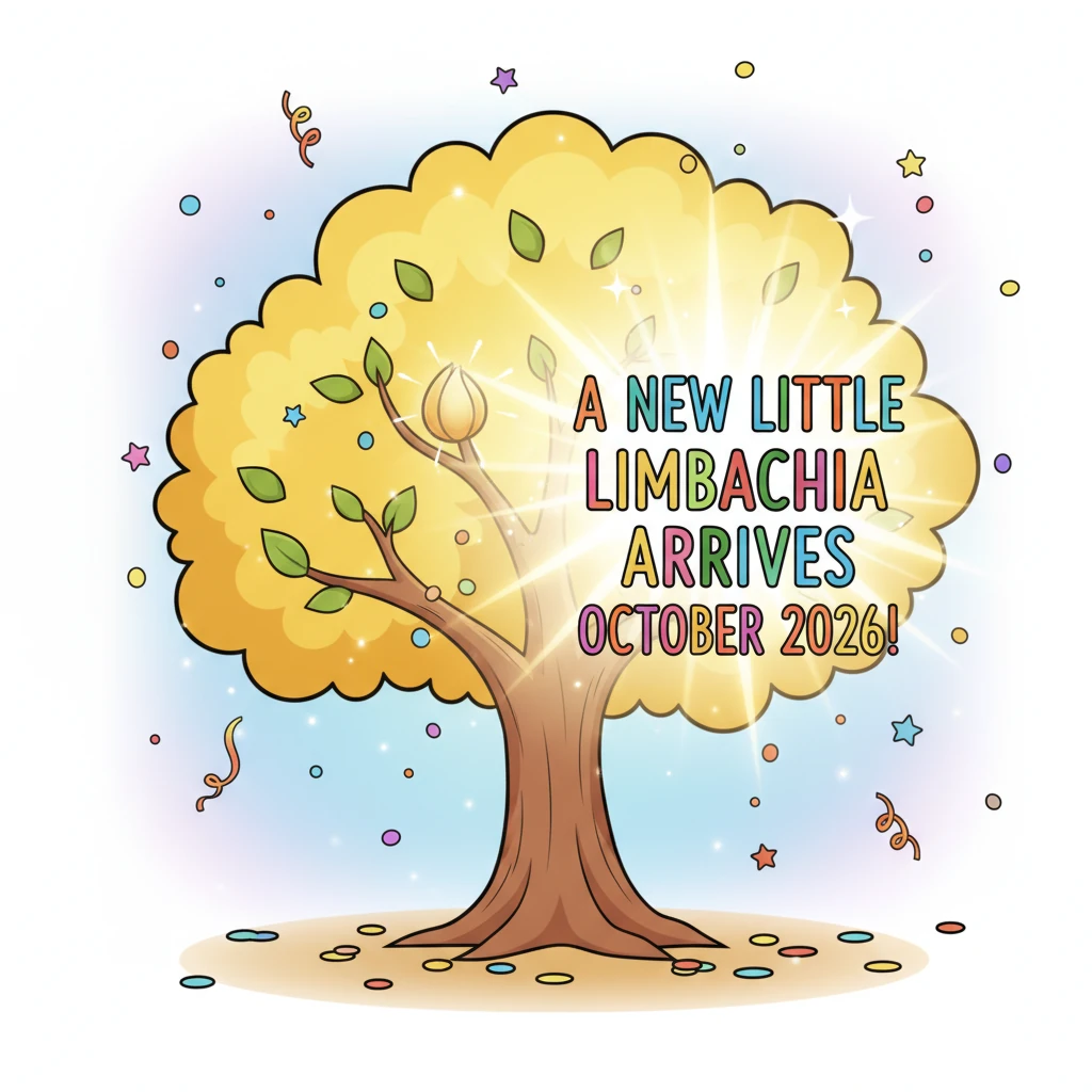 The entire family tree now glows with an extraordinary warmth and brilliance, as if sharing a secret joy. The new bud wiggles with anticipation, then sparkles brightly before slowly opening to reveal its wonderful news. A celebratory burst of text appears: "A New Little Limbachia Arrives October 2026!" followed by a shower of colorful confetti as the tree sways gently in celebration.