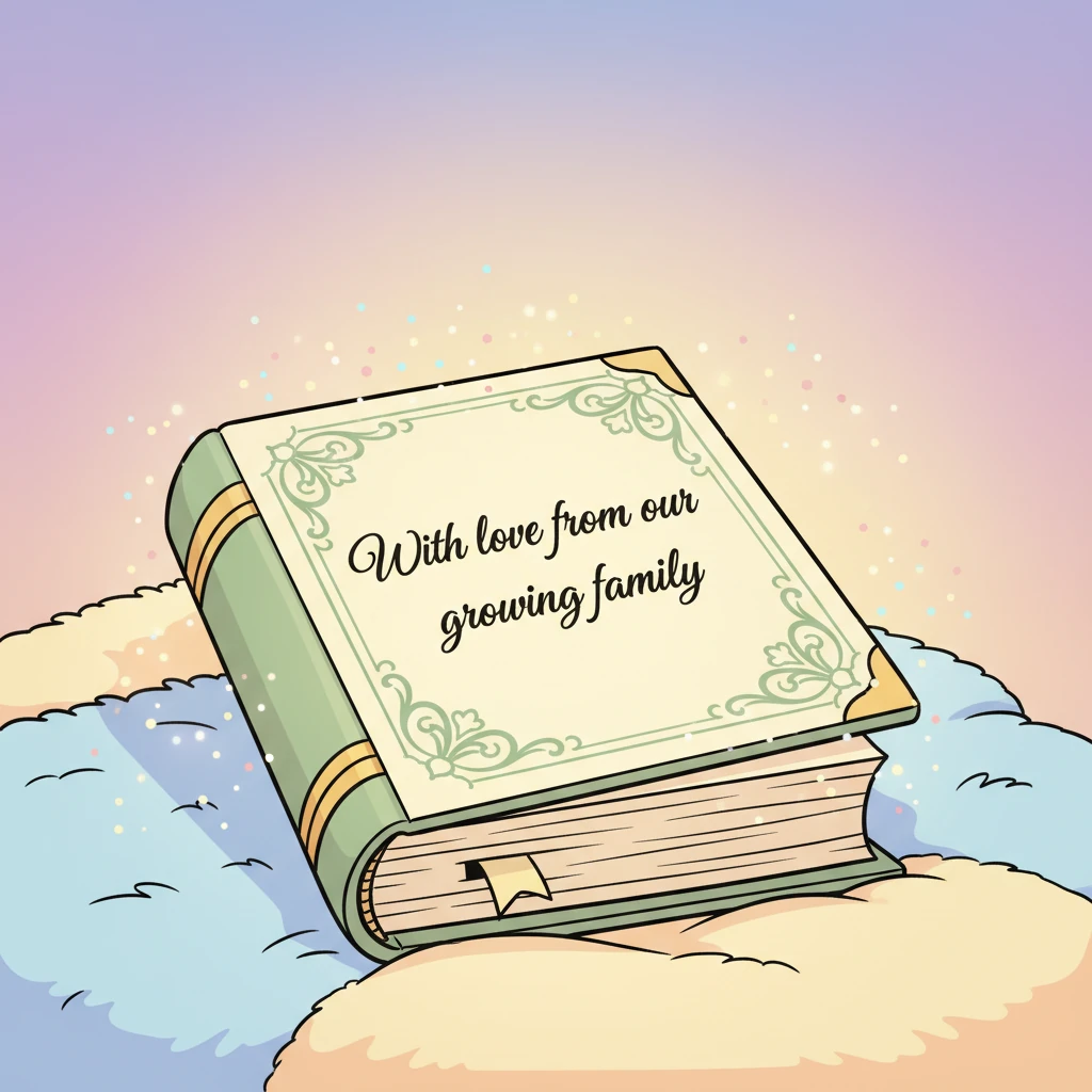 The beautiful storybook slowly and softly closes, bringing our tale to a gentle end. On its cover, a heartfelt message appears in elegant script: "With love from our growing family." The scene then fades out peacefully, accompanied by a final sprinkle of twinkling sparkles, leaving a warm feeling in our hearts.