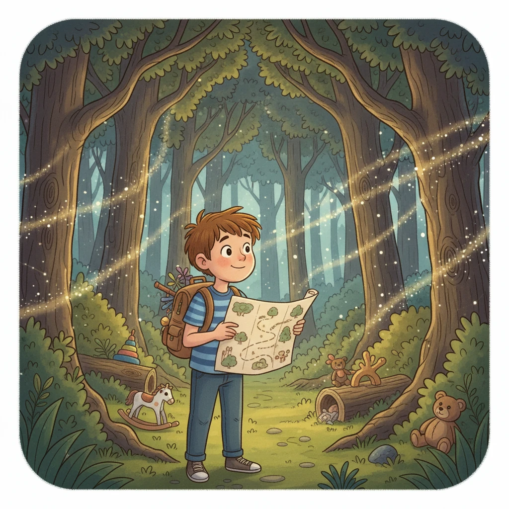 Decidido a cumplir su misión, Conrado preparó una mochila llena de tesoros: un mapa dibujado a mano y un corazón lleno de ilusión. Su primera parada fue el bosque, donde se decía que vivían los recuerdos más antiguos.