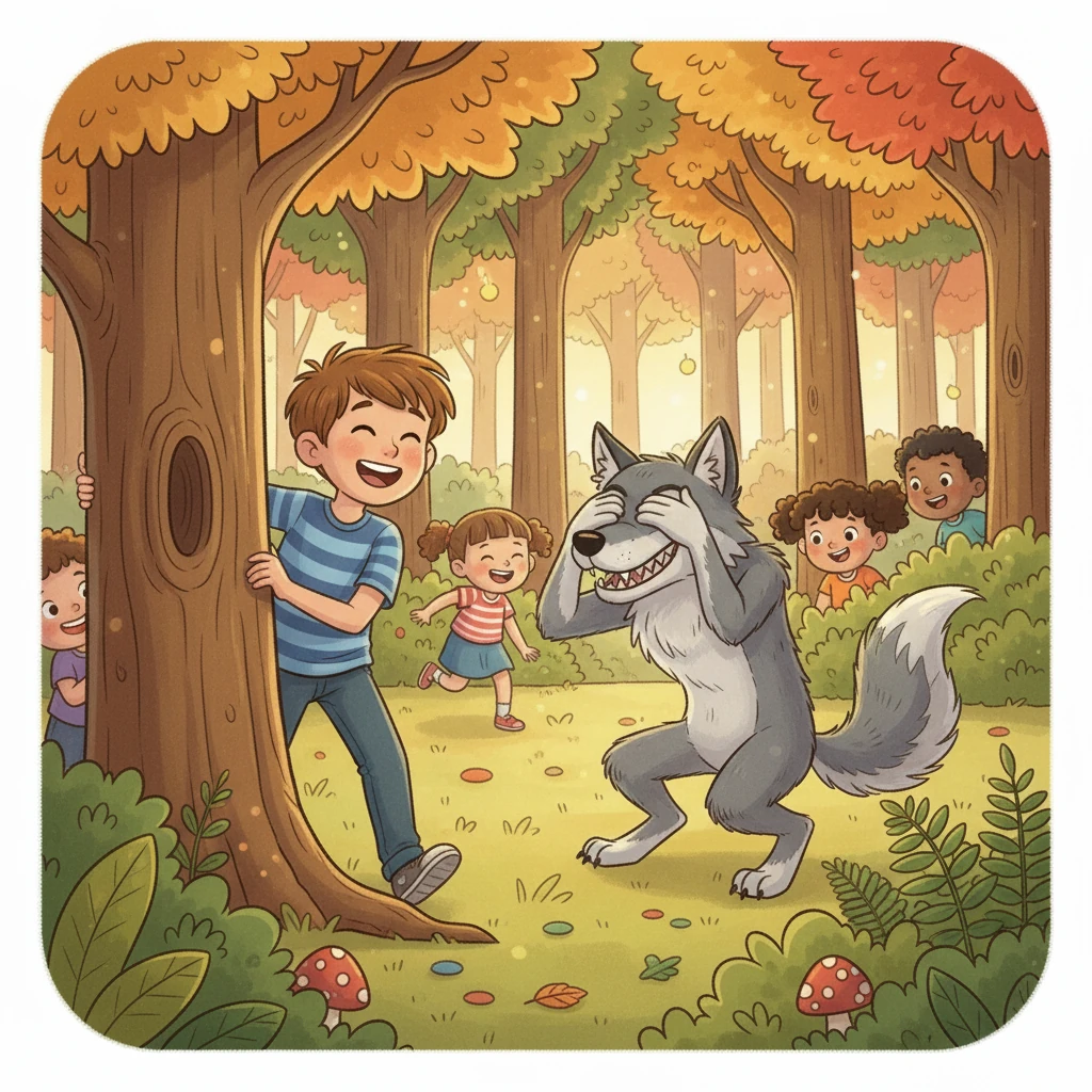 En el bosque, Conrado encontró a los personajes de 'Juguemos en el bosque'. Un lobo amigable y travieso jugaba al escondite con un grupo de niños risueños. Conrado se unió a la diversión.