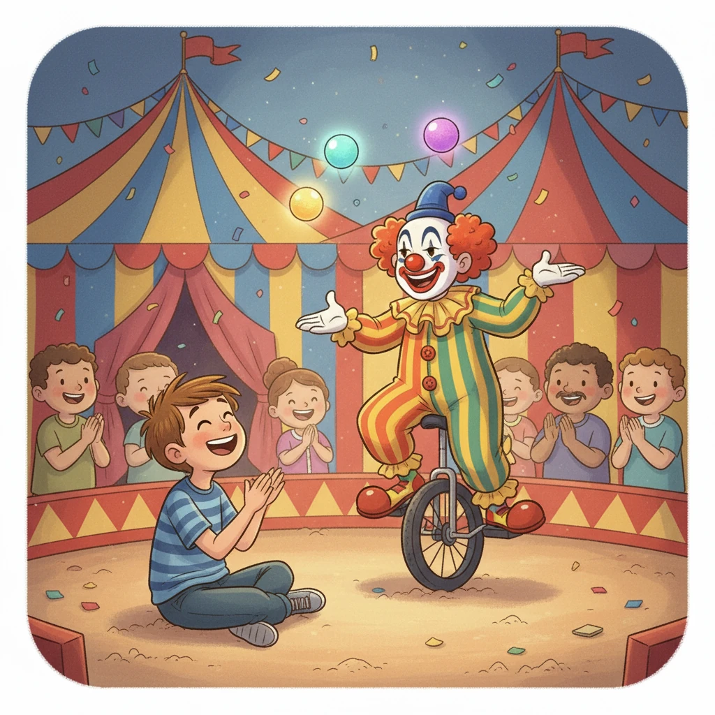 Luego, Conrado viajó a un circo vibrante donde el 'Payaso Plin Plin' hacía reír a todos con sus trucos y chistes. Conrado aprendió la importancia de la alegría y de no tomarse la vida demasiado en serio.