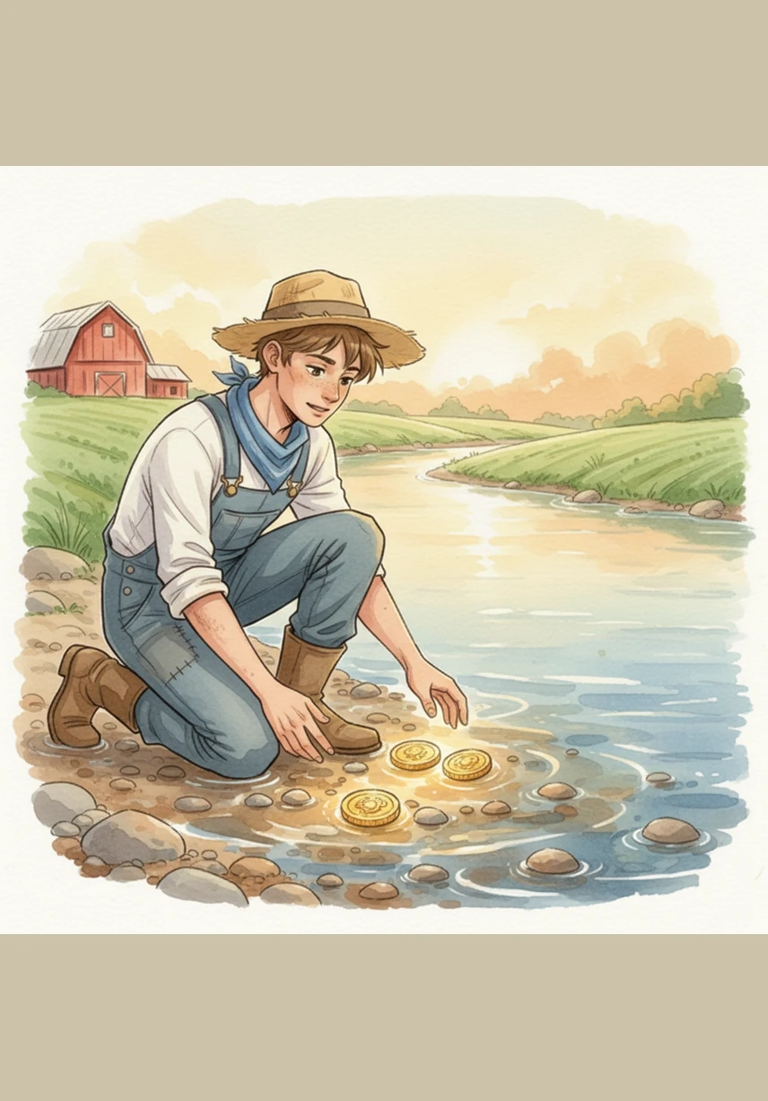 James, the eldest of seven children, kneels by the edge of a shimmering river after a long day of chores. Among the wet pebbles, he discovers three mysterious gold coins that seem to glow with a light of their own.