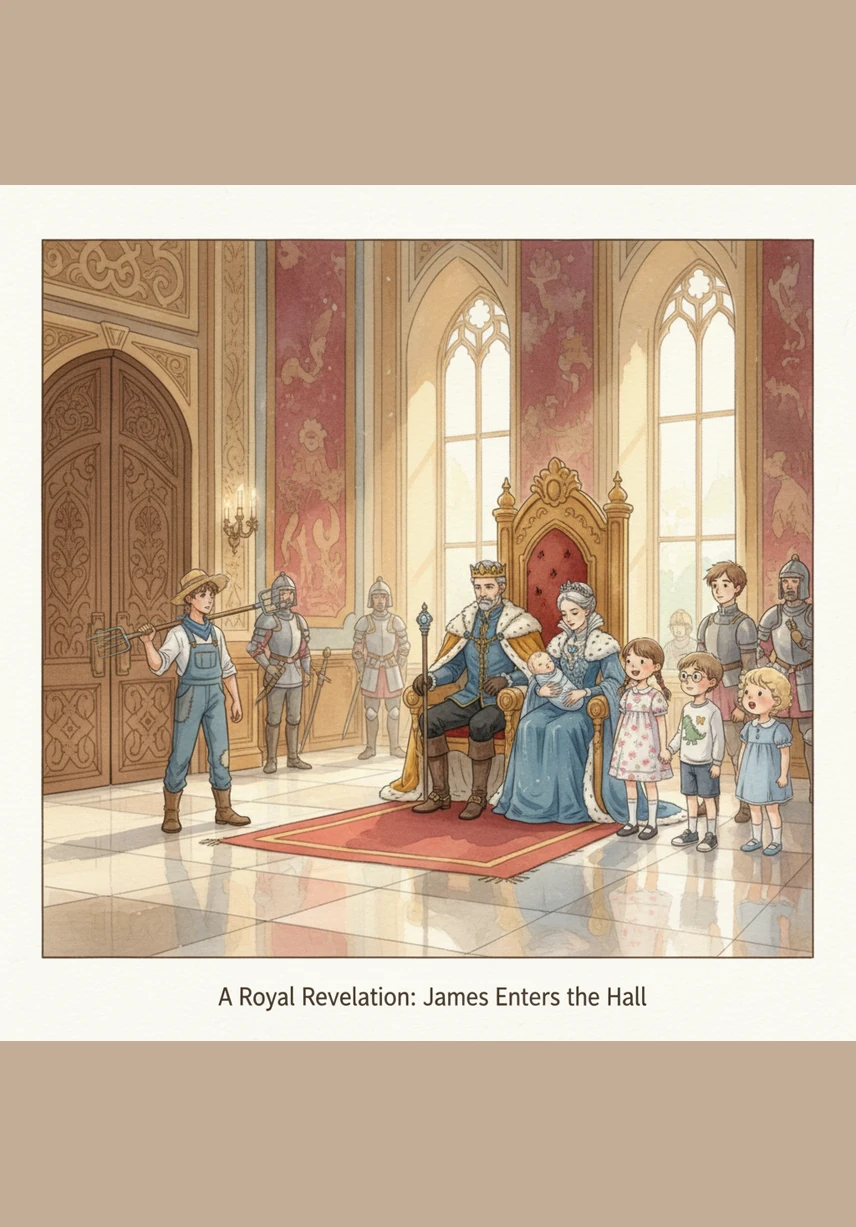 When James enters the grand hall, he finds his siblings dressed in fine silks, but their eyes are distant and cold. They talk of riches and status, having lost every memory of the happy, simple life they once shared in the small hut.